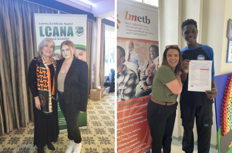 Two photo panels show LCANA and LMETB staff with students during Leaving Cert celebration.