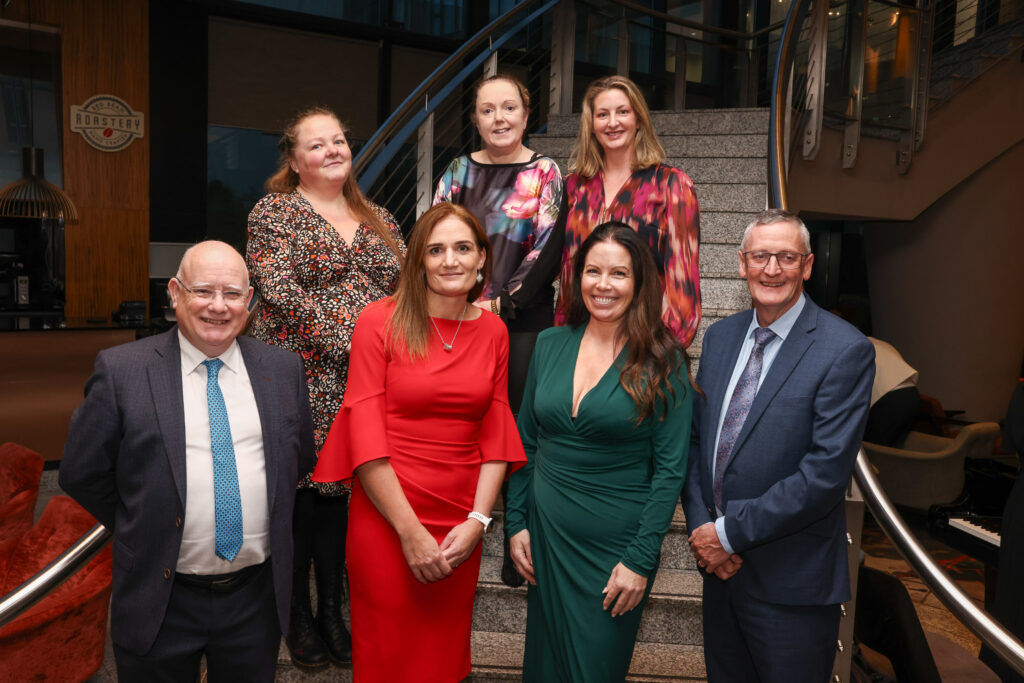 Group photo taken at the “No Learner Left Behind” event, showing LMETB and ETBI representatives standing on a staircase at a formal gathering to promote inclusive education policies ahead of the next election.